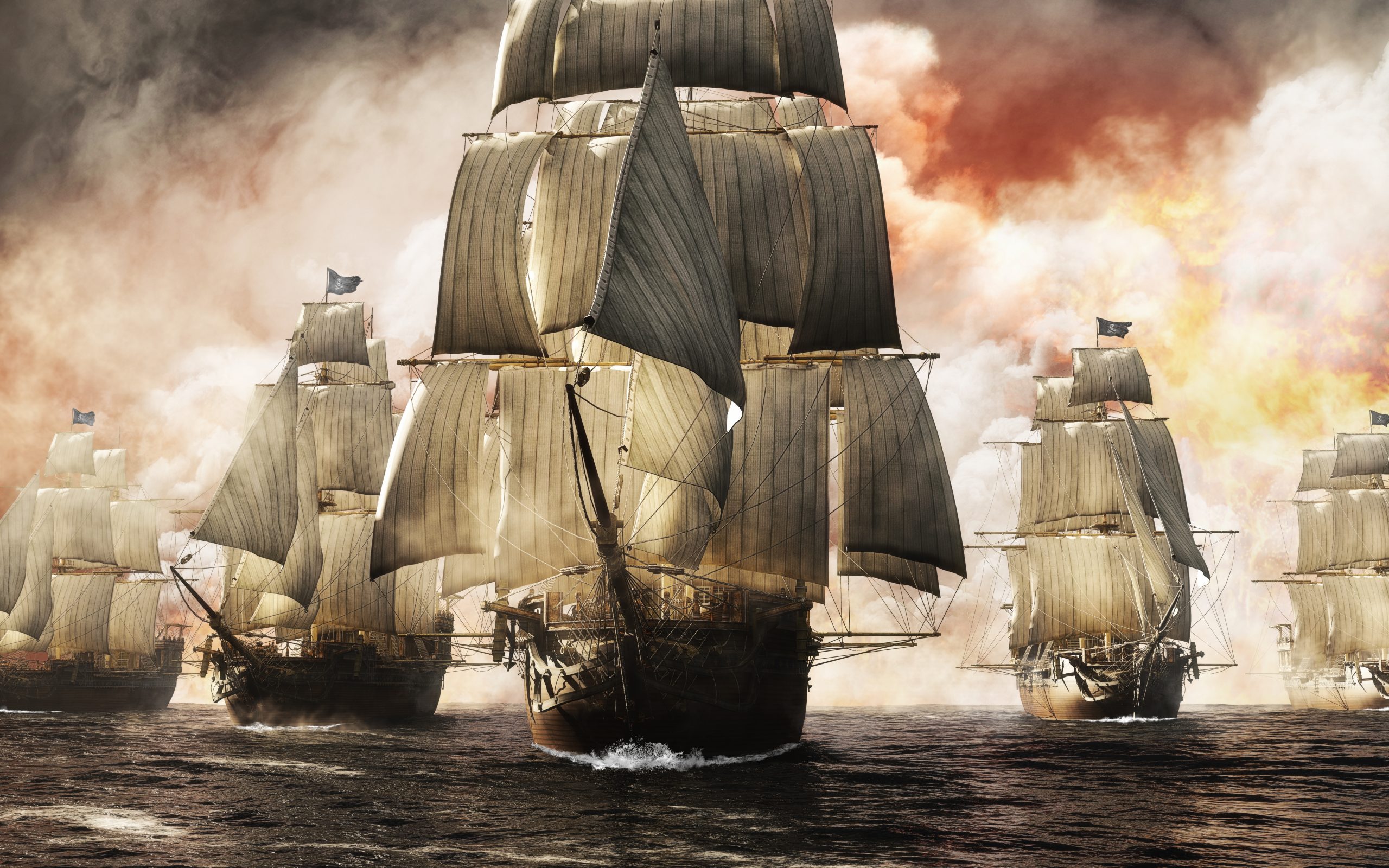 Front view of a raider pirate ship fleet piercing through the smoke and the fog after a successful attack leaving destruction behind. 3d rendering
