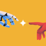 Robot hand touching human hand illustration