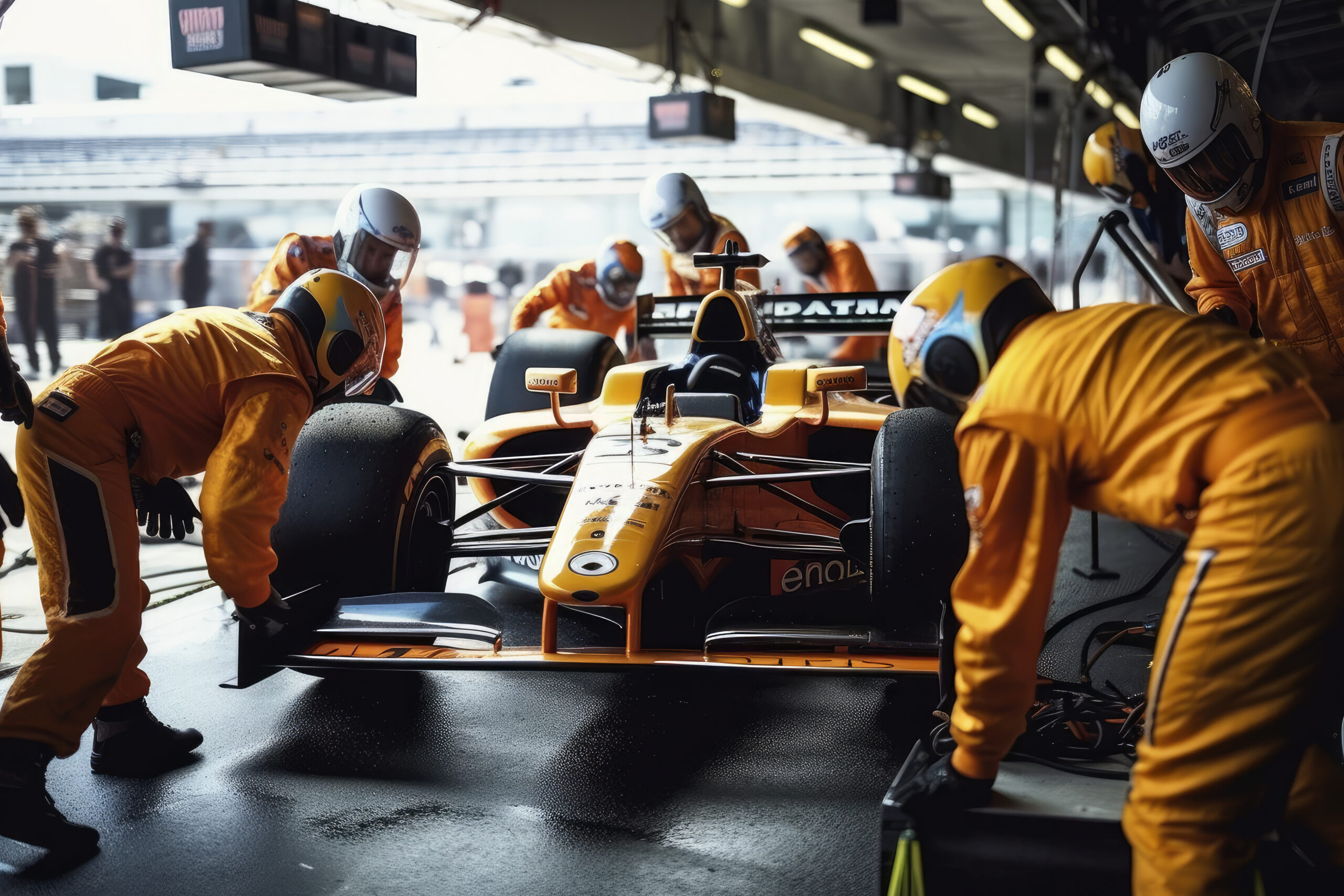 Dynamic scene of formula one racing car at pit stop symbolizing