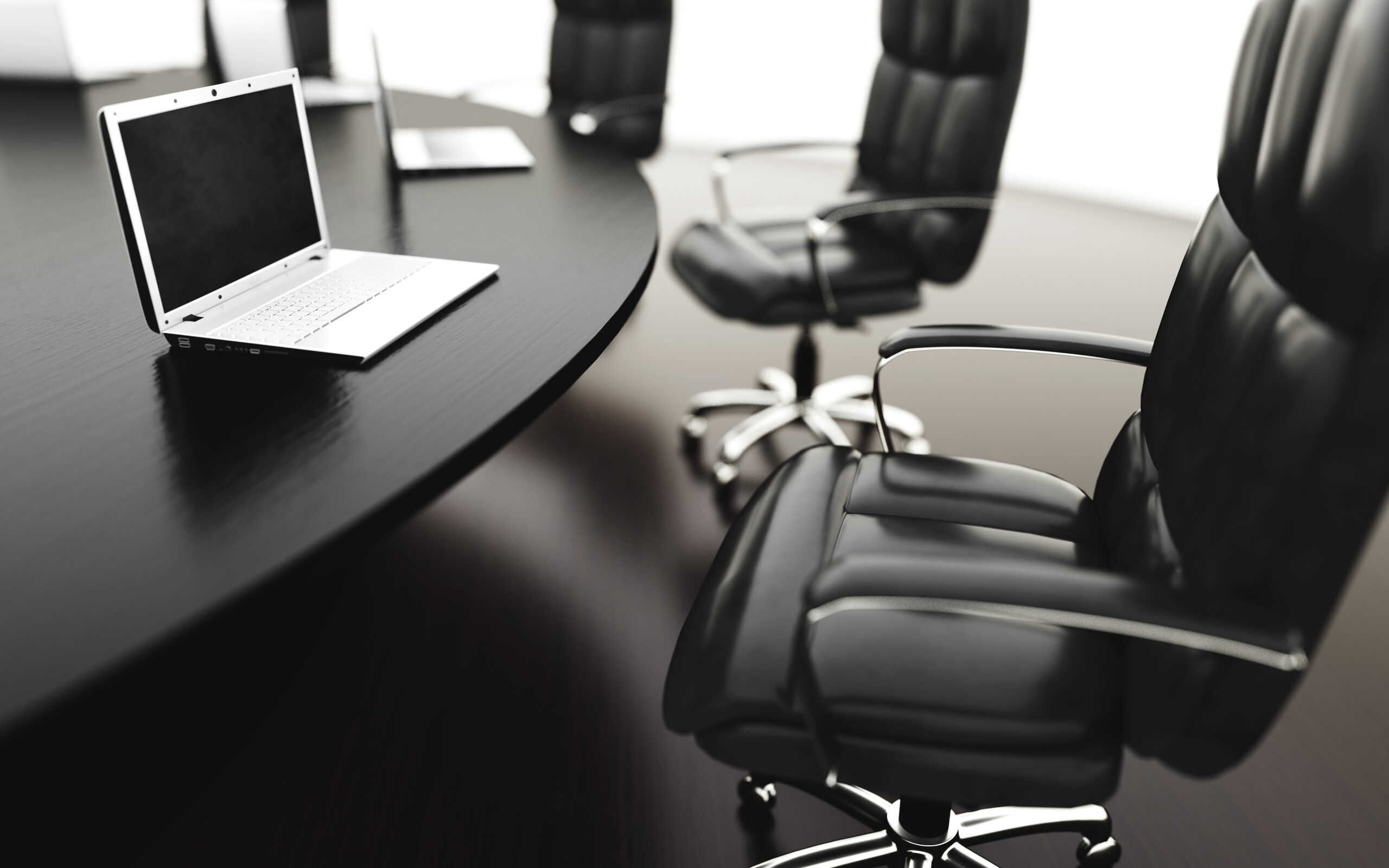 boardroom, meeting room and conference table with notebooks. Business concept. Isolate 3d rendering.