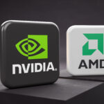 Logos of the competing tech companies designing graphics card chips nvidia and AMD on two pedestals.
