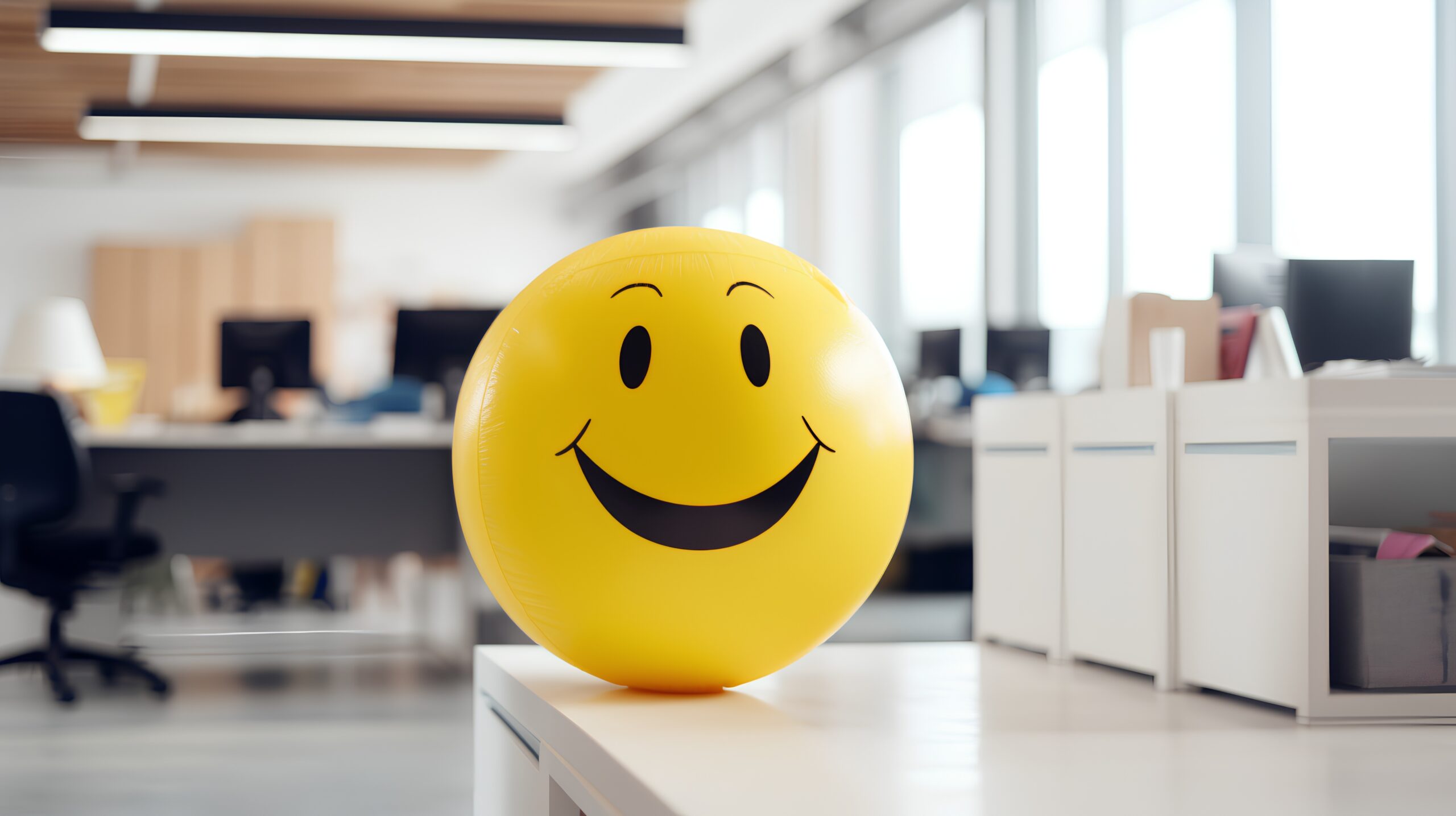 Positivity in the workplace demonstrated by a yellow smiling bal