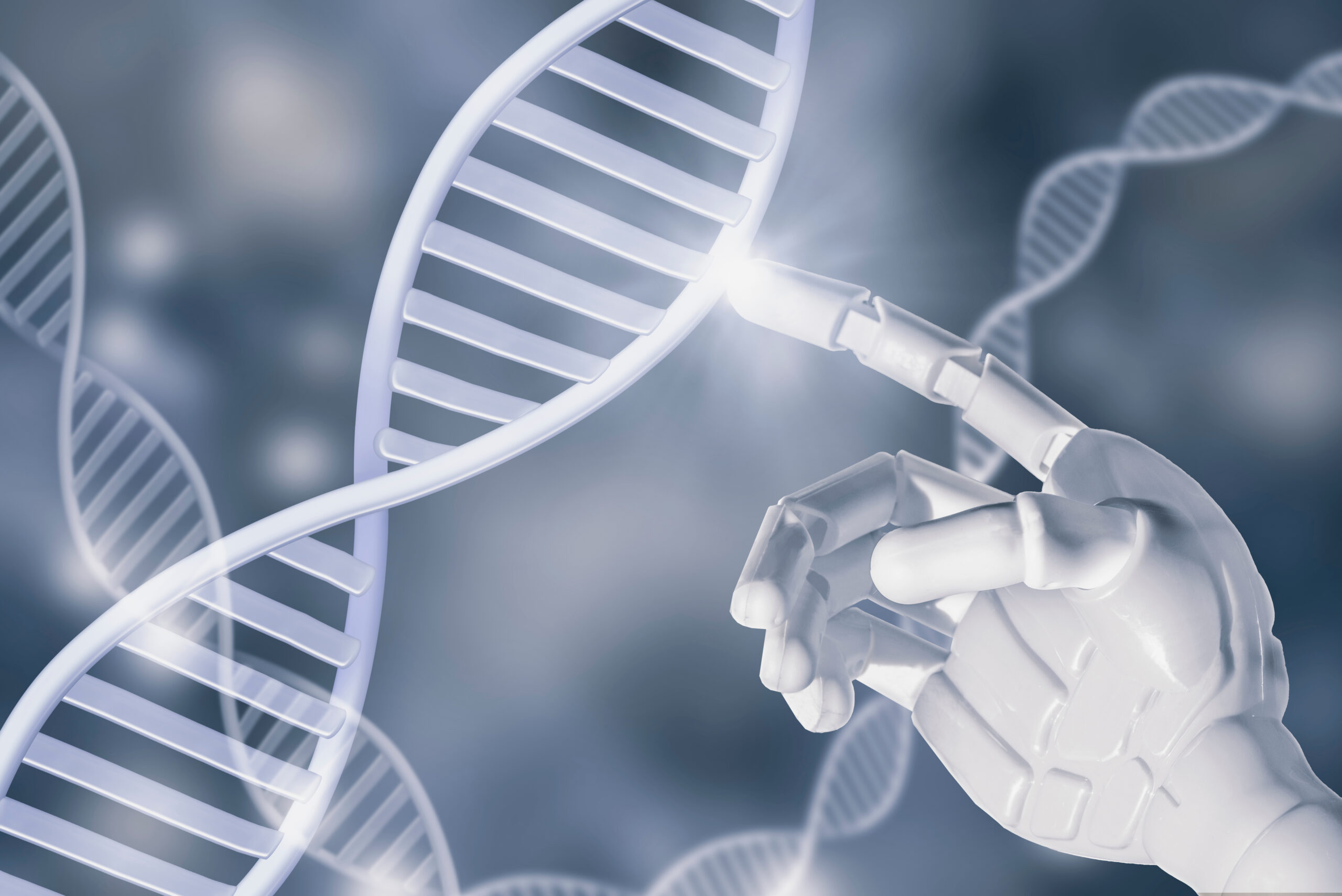Plastic robot arm pointing at DNA. Artificial intelligence genet