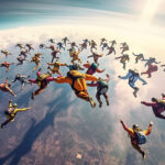 Skydiving people doing a formation in free fall, back viewSkydiv