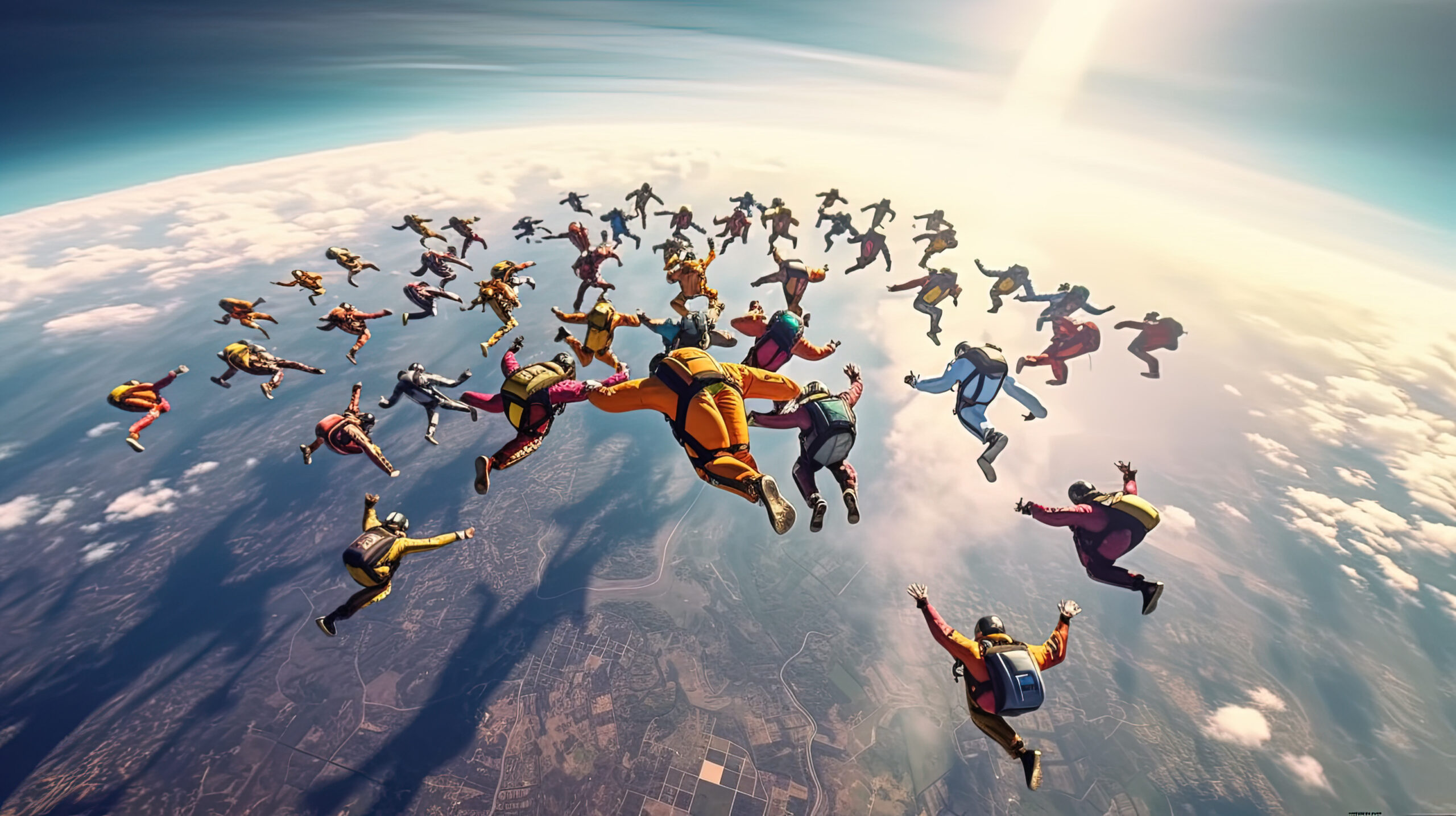 Skydiving people doing a formation in free fall, back viewSkydiv