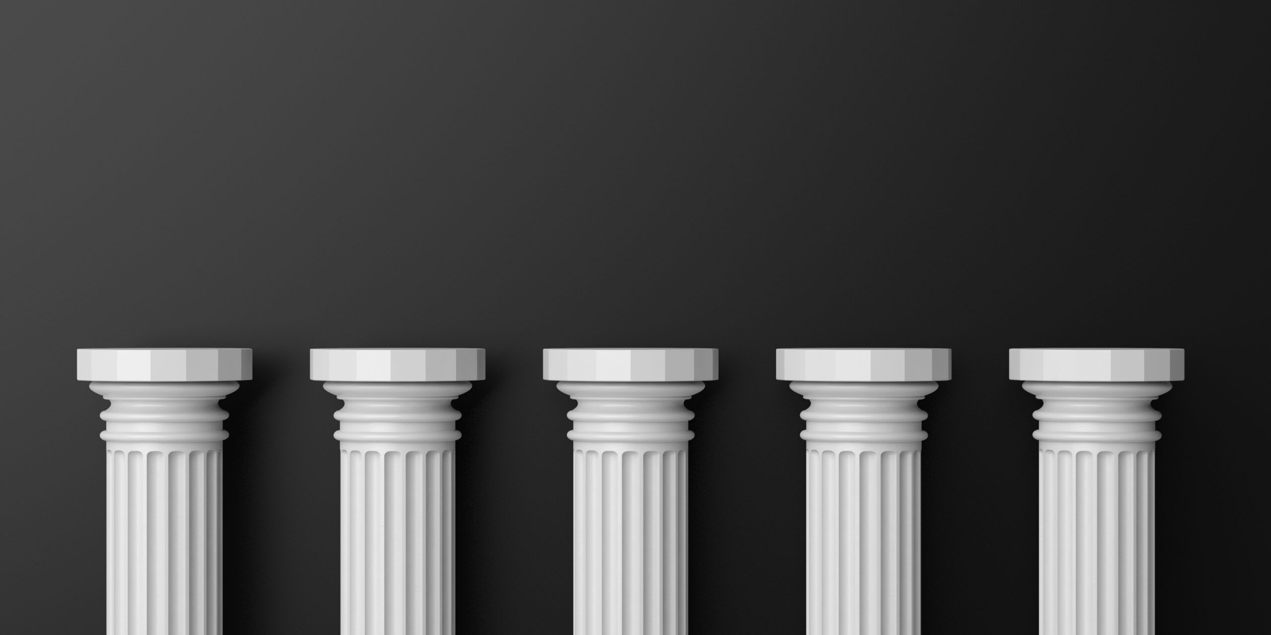 Five white color marble pillars against black wall background. 3