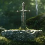 Illustration of King Arthur's sword in a stone, waiting for the rightful person to pull it out. Generative AI