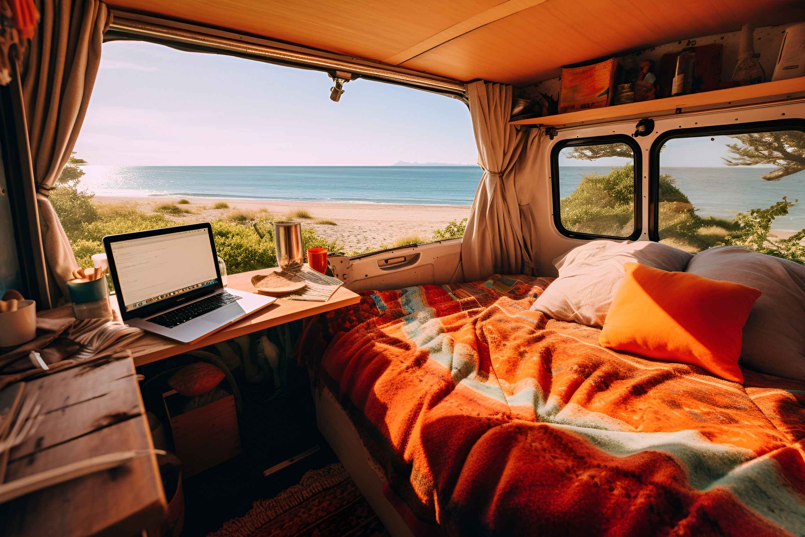 Interior of  camper van mobile home with table and ocean sea vie