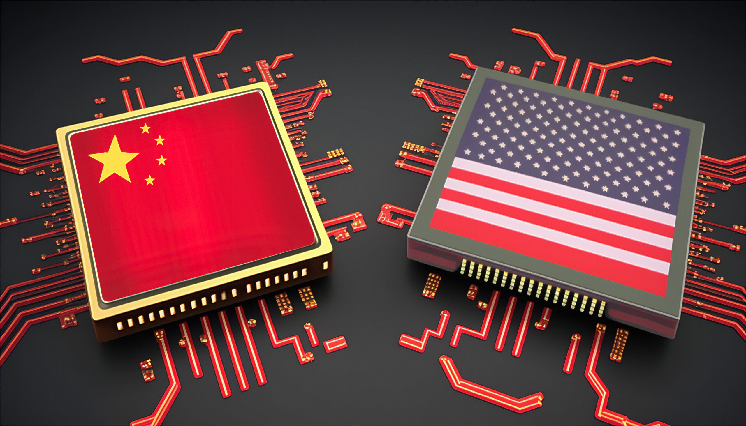 Flag of USA and China on a processor, CPU or GPU microchip on a