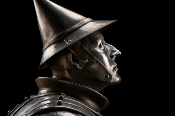 Tin man statue. Silver statue.