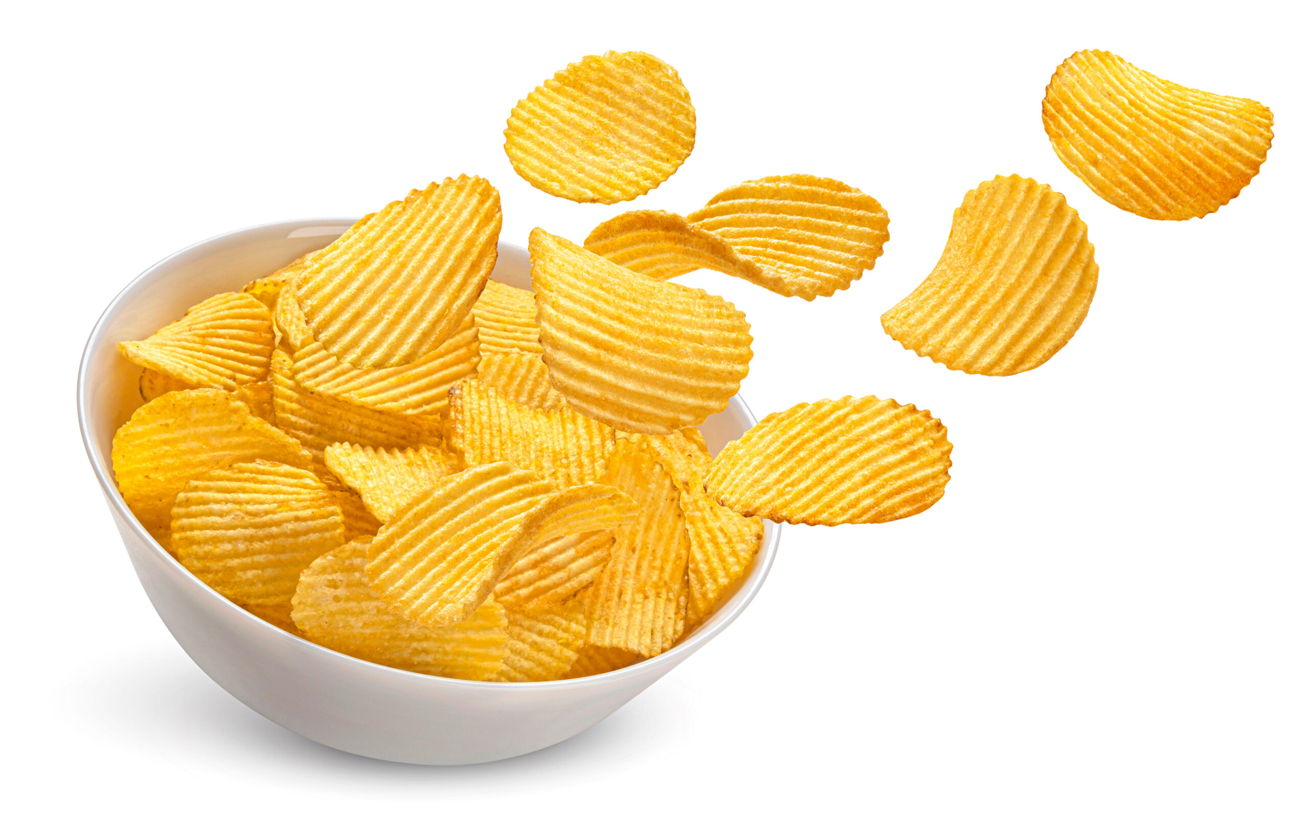 Ridged potato chips in bowl isolated on white background