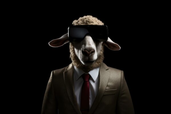 Sheep In Suit And Virtual Reality On Black Background. Sheep In Suit, Virtual Reality, Black Backgrounds, Technology Animals, Fashion Vr, New Possibilities