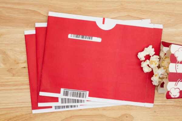 Red mailing envelopes with popcorn