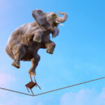 Elephant balancing on the tightrope high in the sky above clouds