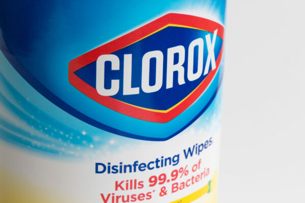 Portland, OR, USA - Mar 9, 2020: Closeup of the CLOROX logo on a bottle of disinfecting wipes, produced by the Clorox Company, based in Oakland, California.