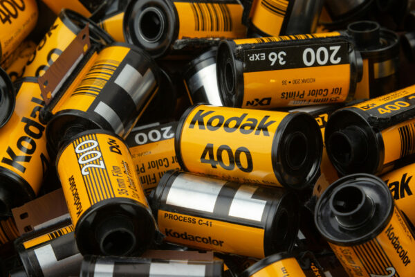 A lot of Kodak film cartridge. Used and empty cartridges colorf