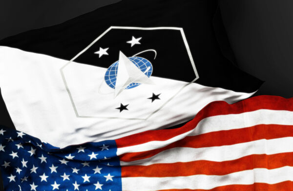 Flag of the Senior Enlisted Advisor of the Space Force along with a flag of the United States of America as a symbol of a connection between them, 3d illustration