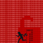 Data breach illustration, a thief running away with secure information illegally hacked from computer