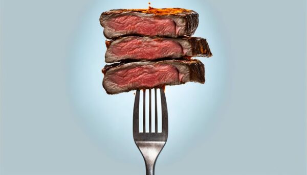 grilled steaks stacked on a fork, medium rare done