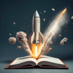 Rocket starts from open book. Spaceship launch from dictionary. Concept of a successful start up of a business. and education. Creative idea. Ai Generative illustration