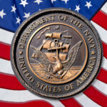 Los Angeles, California  USA - March 12 2019: U.S. Navy logo or emblem  on American Flag background