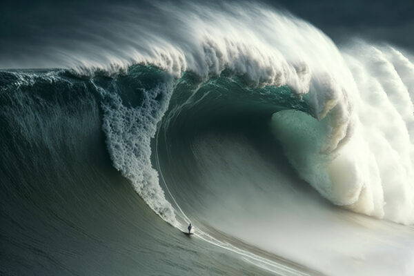 surfer surfing a extreme huge wave on Nazare. generative ai