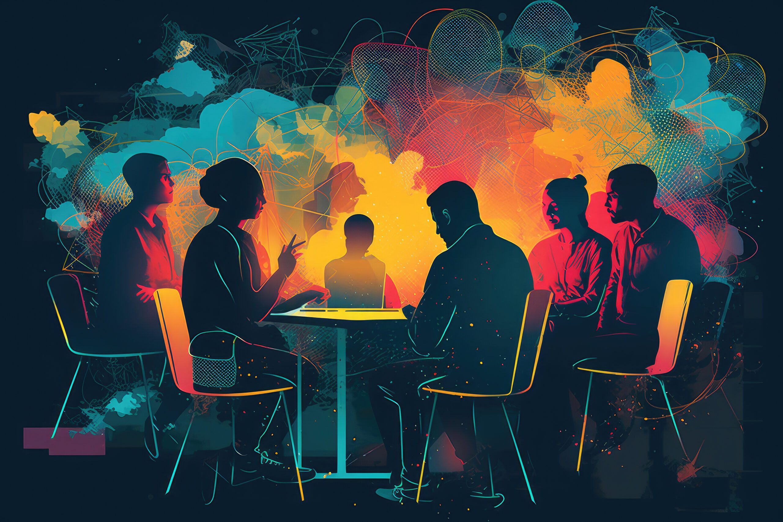 Group of people work together and solving problems. Artistic brainstorming session with a vibrant color scheme and focused lighting. Generative AI, AI.