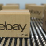 Carton boxes with EBAY logo move on roller conveyor. Realistic 3D rendering