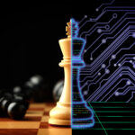 One half of chess piece standing on chessboard, and other one filled with programming code standing on digital board against circuit board pattern