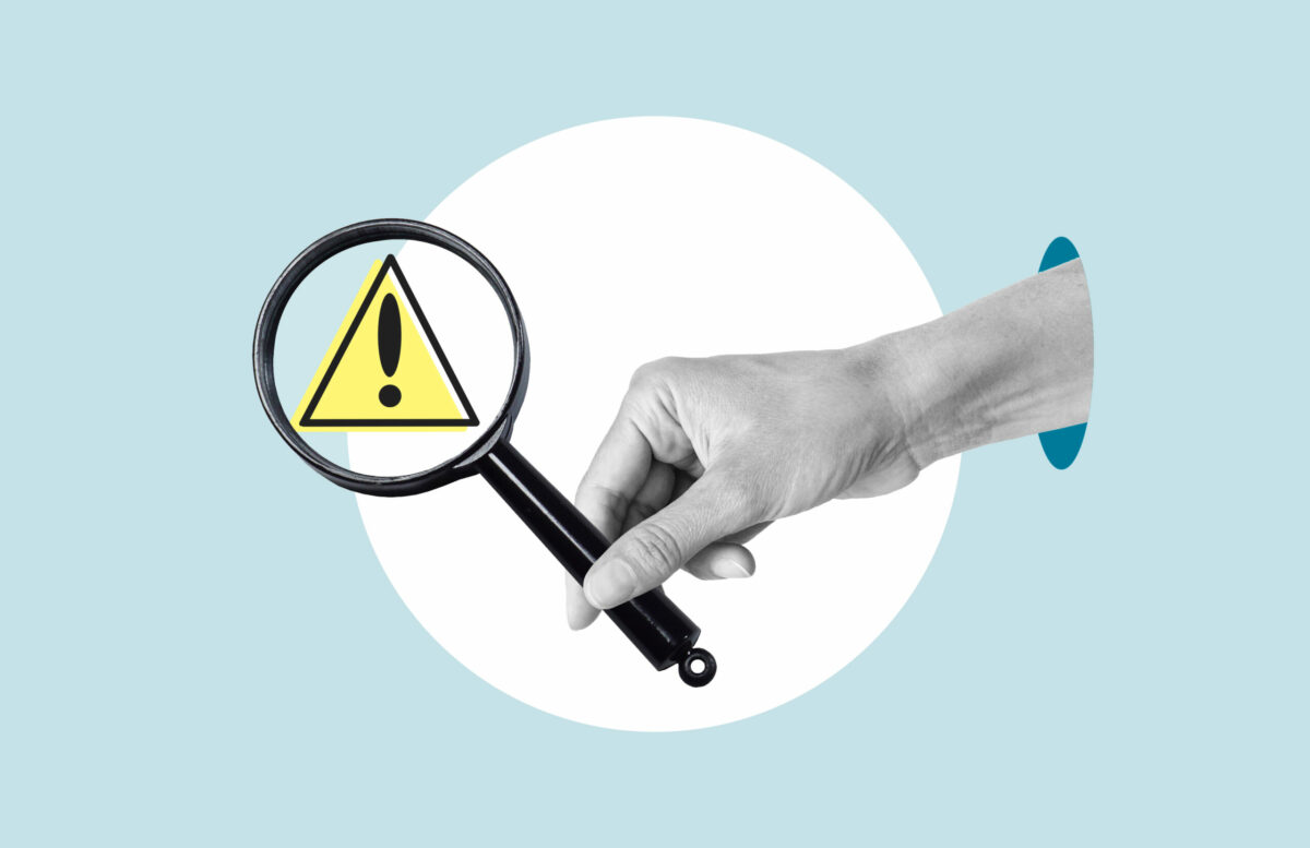 Threat assessment or risk assessment and management. Cyber threats , security policy to prevent cyber attack. Collage with attention icon and magnifying glass