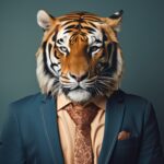 animal tiger jungle concept Anthromophic friendly wearing suite formal business suit pretending to work in coporate workplace studio shot on plain color wall