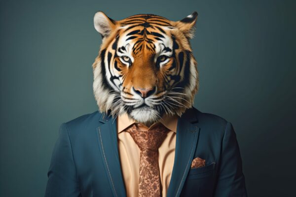 animal tiger jungle concept Anthromophic friendly wearing suite formal business suit pretending to work in coporate workplace studio shot on plain color wall