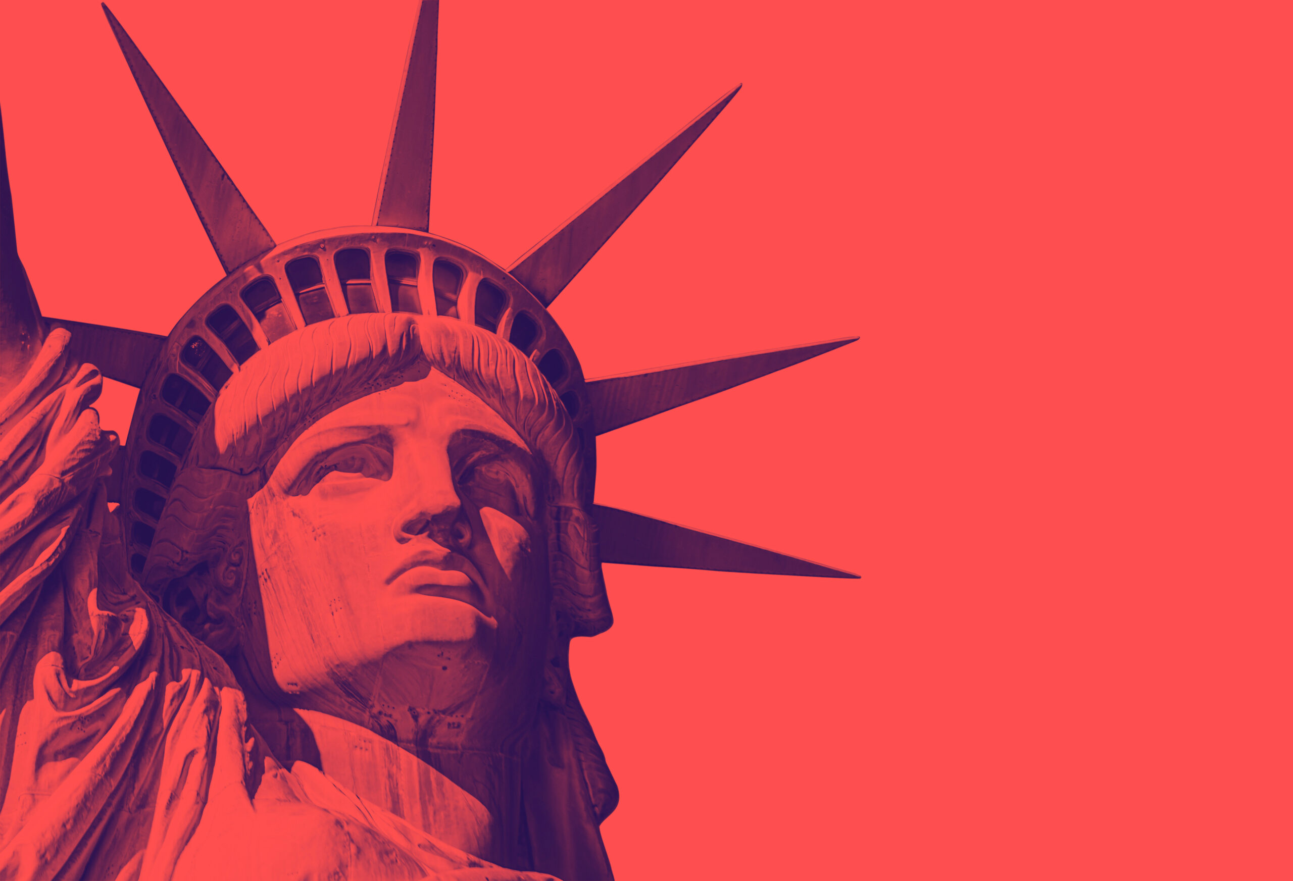 detail of the face of the statue of liberty with a red duo tone effect. Red Background