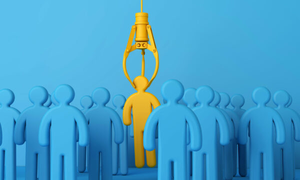 Employee recruitment concept with claw picking a new team member. 3D Rendering