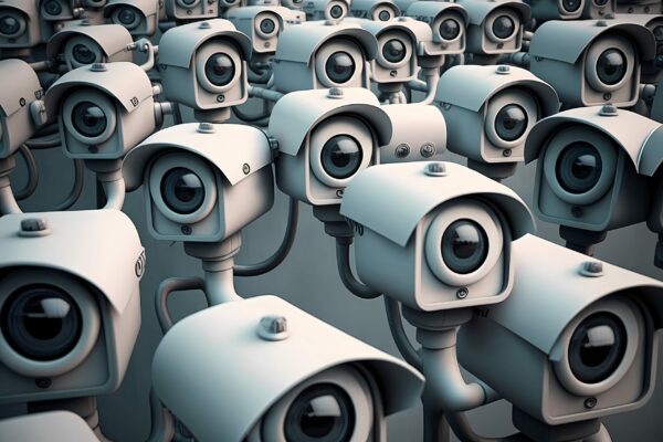 Many CCTV security surveillance cameras. Dystopian big brother spy and monitoring control concept. stress and excess