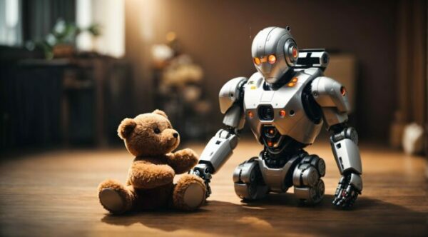 Robot plying with Teddy bear toy concept background, futuristic banner with copy space text me, template