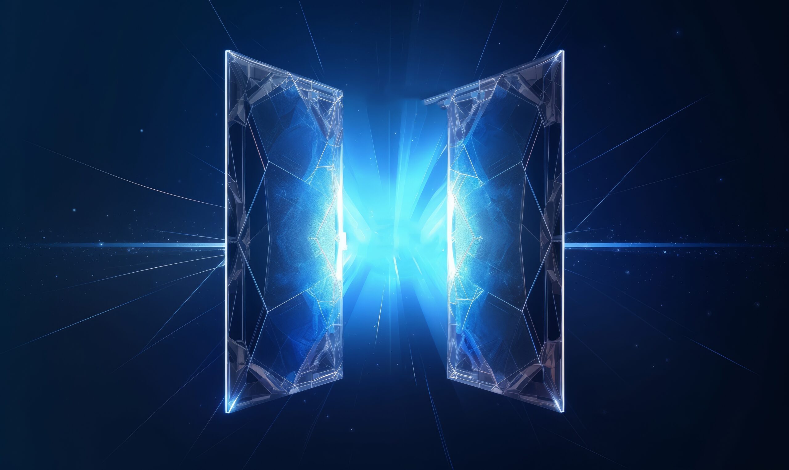Open door digital illustration on a blue background. Futuristic science fiction concept of doorway. Technology portal in a polygonal wireframe glowing