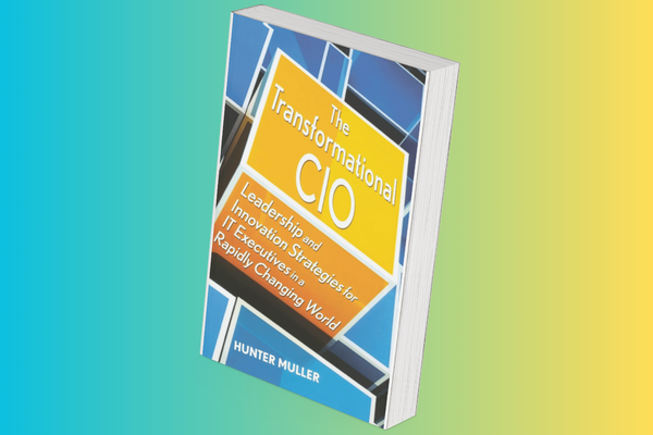 A book titled "The Transformational CIO" over a gradient blue and yellow background.