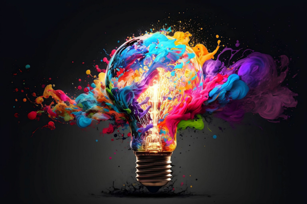 A light bulb emanating a bright glow at its center is enveloped by an explosion of vividly colored paint splashes against a dark backdrop, symbolizing a burst of creativity and innovation.