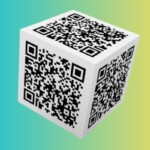 QR Code Cube on Blue and Yellow Background.