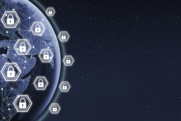 Digital illustration of Earth with glowing security padlock icons over network connections, representing global cybersecurity and data protection.