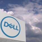 Dell company logo made against sky background, conceptual editorial 3D