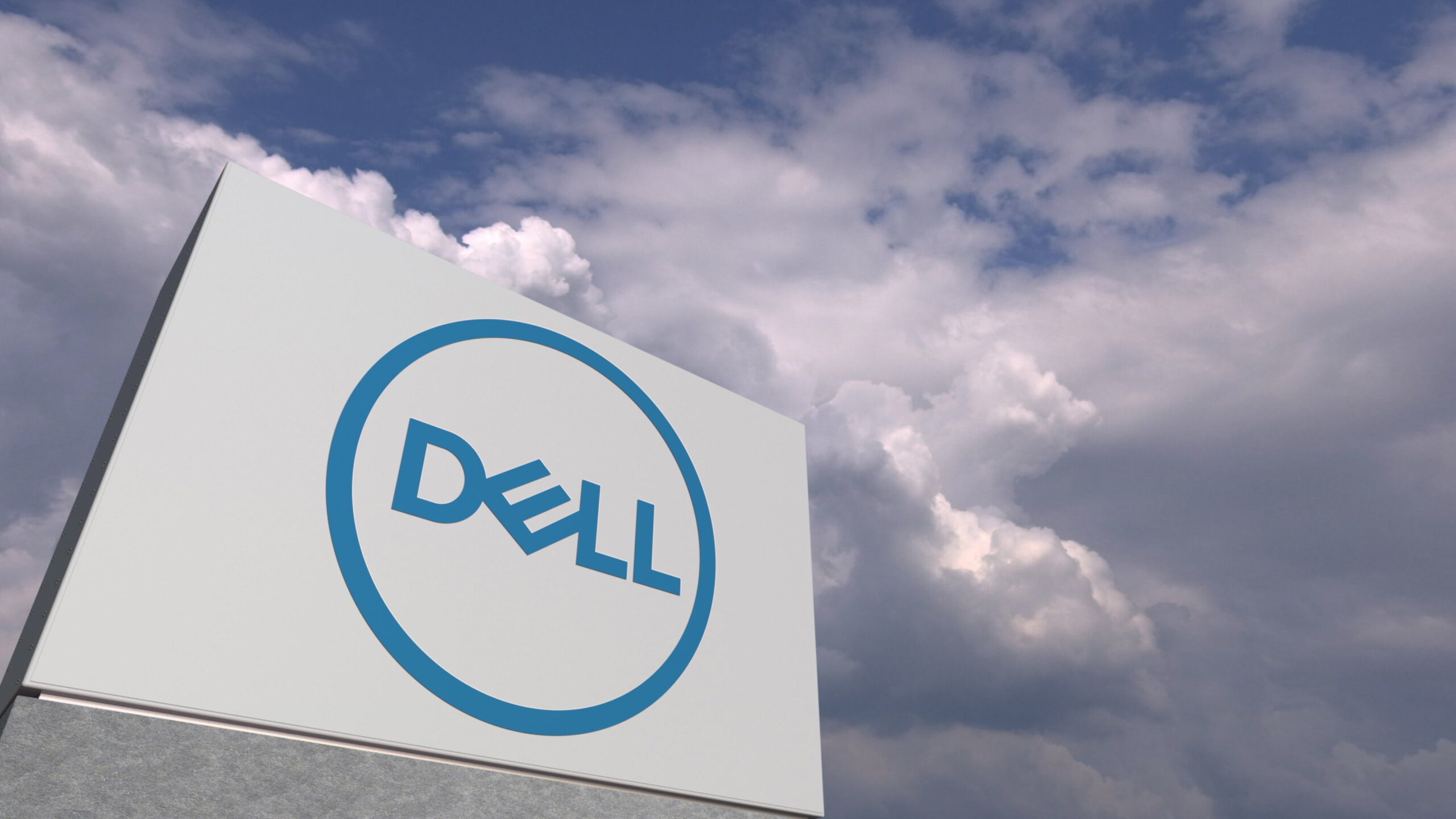 Dell company logo made against sky background, conceptual editorial 3D