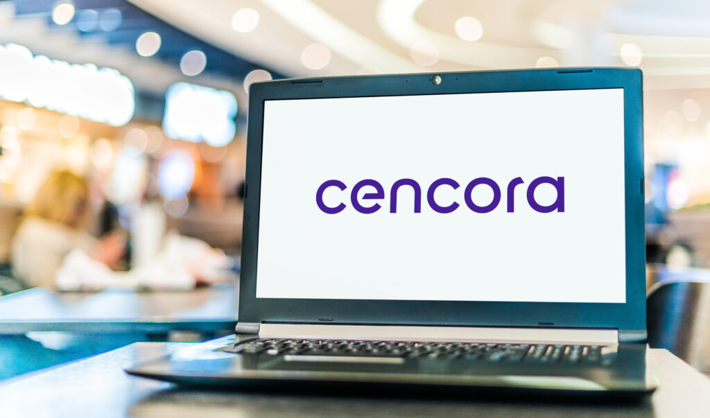 Laptop computer displaying logo of Cencora