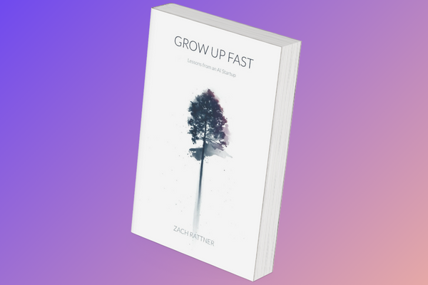 3D image of the book "Grow Up Fast: Lessons from an AI Startup" by Zach Rattner