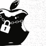Apple logo with a lock and chain on it over a digital background.