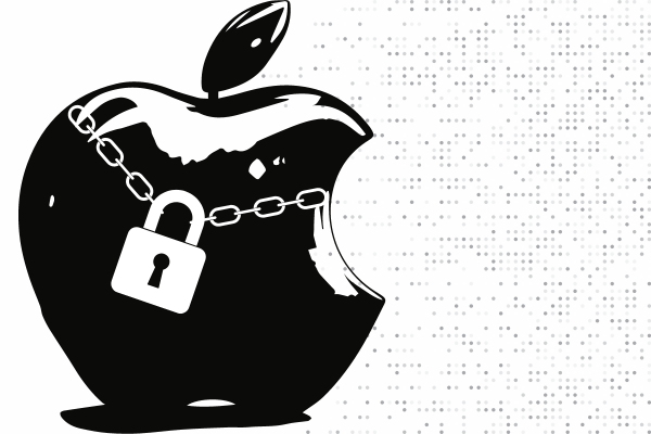 Apple logo with a lock and chain on it over a digital background.