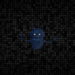 Dark techno background with evil chatbot floating