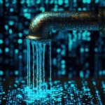 data breach or leak concept data flowing from a faucet. software code leaking.