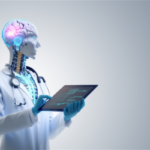 A doctor robot with a colorful digital brain looking at a tablet.
